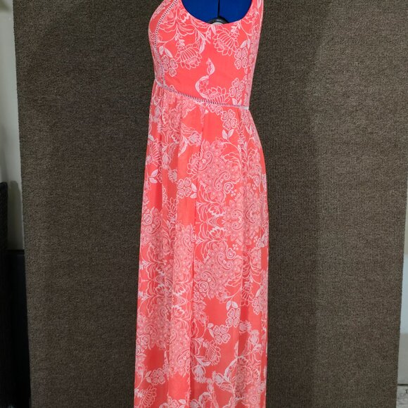 Vince Camuto Womens Printed Chiffon Maxi Coral Dress Sz 12P Pre-owned - Picture 2 of 9